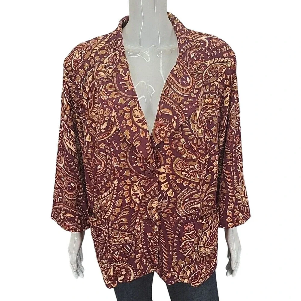 Joan Rivers Paisley Jersey Knit 3/4 Sleeves Blazer w Pockets 3X Plus Size Jacket